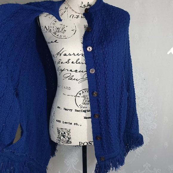 Vintage Dark Blue Acrylic Knit Button Up Fringe Poncho Cape S/M - Picture 3 of 8